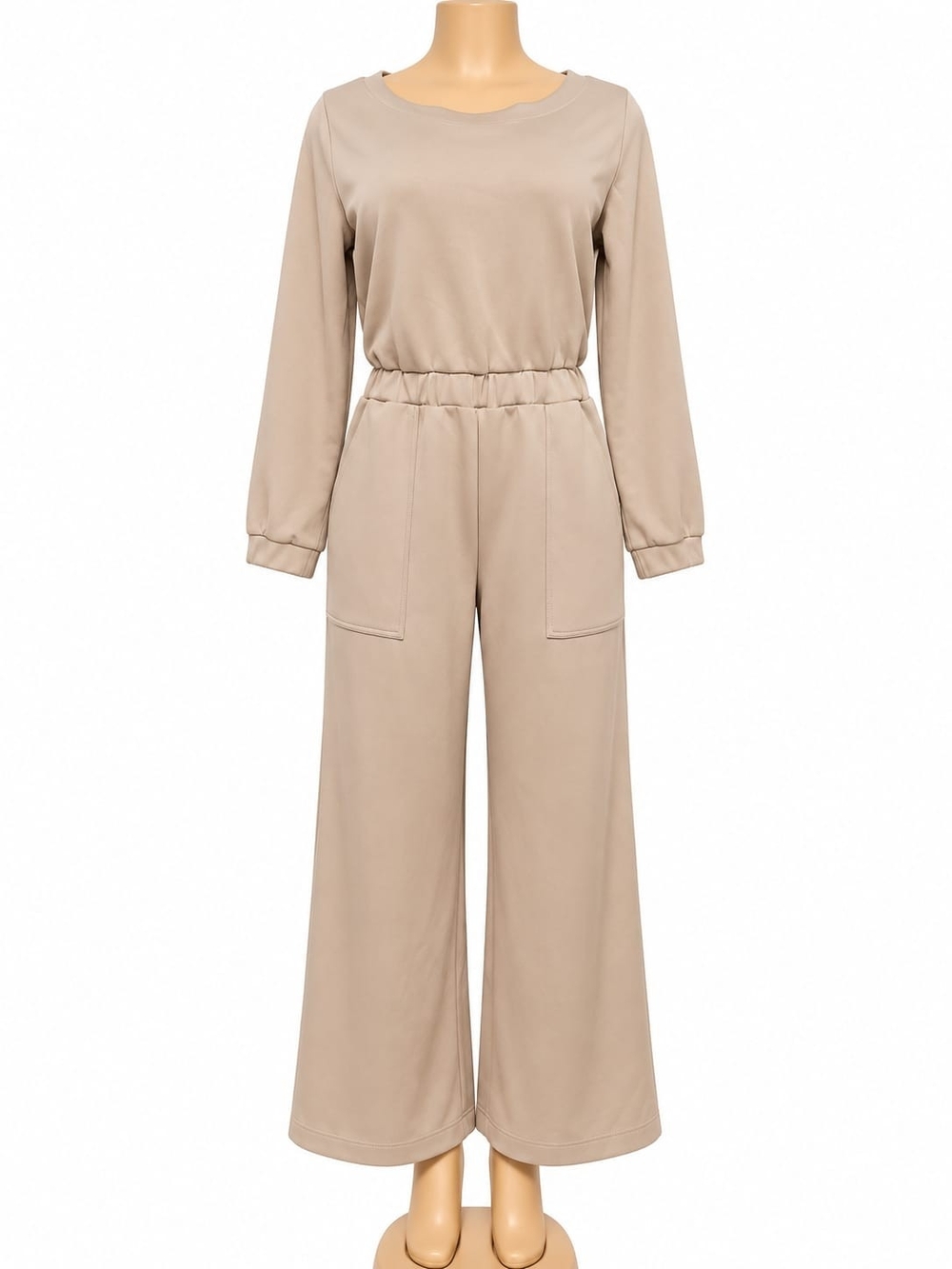 Elastic-Waist Wide-Leg Jumpsuit in Taupe